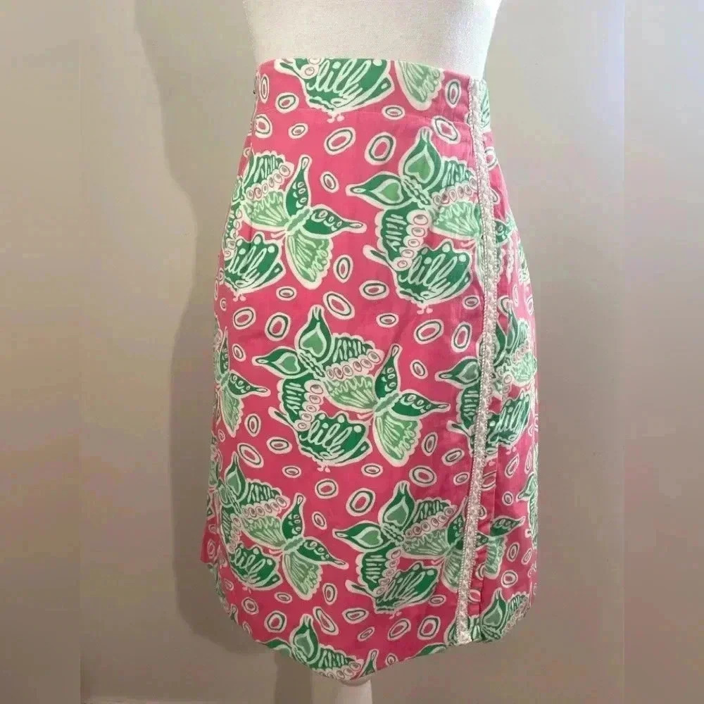 Lilly Pulitzer vintage white label skirt pink green butterfly size 14